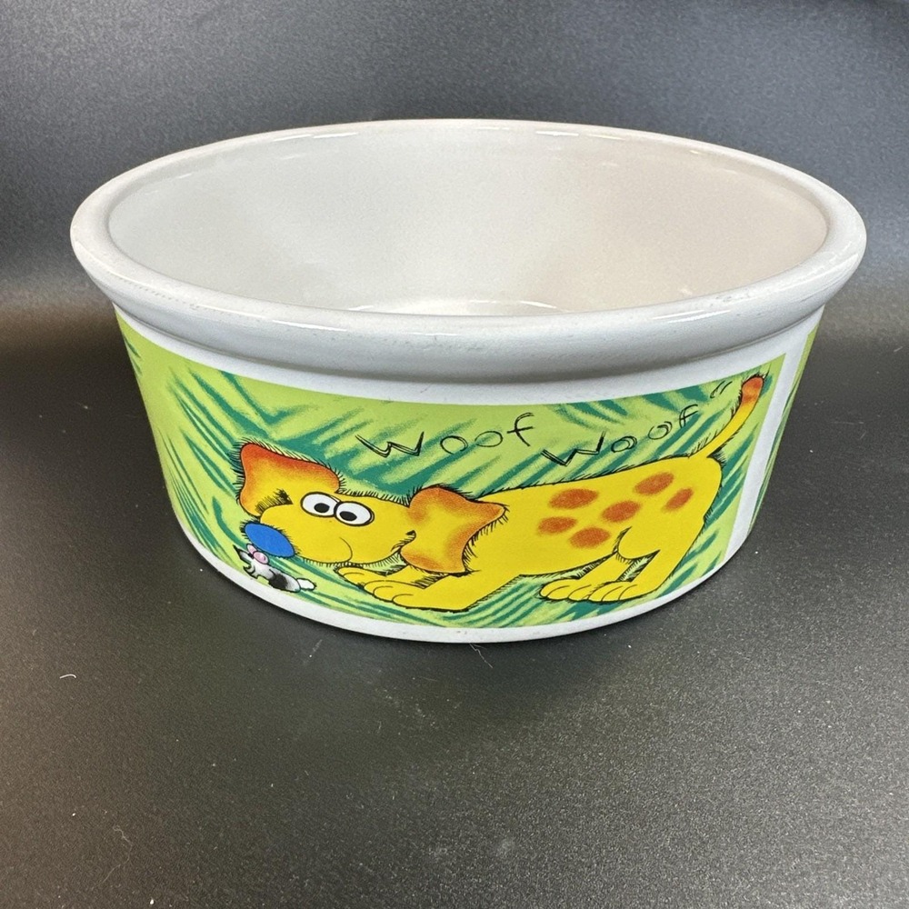 Vintage Ceramic White Dog Food Dish Bowl w/ Cartoon Dogs Woof Woof EVC